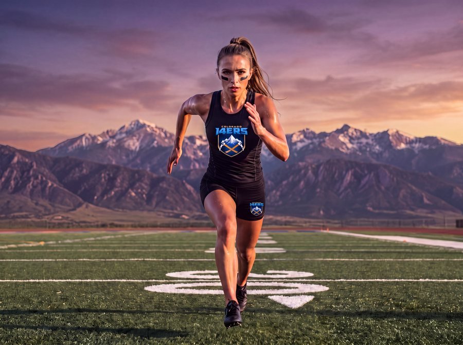 A Colorado 14ers athlete in training gear sprints toward the camera across a football field at sunset, snow-capped mountains behind her