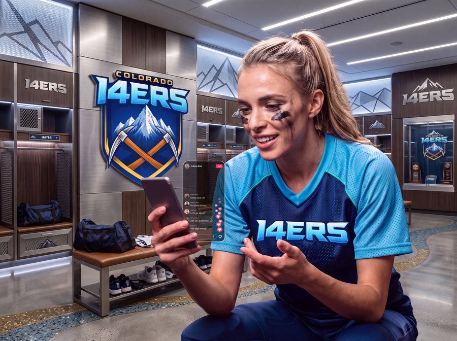 A Colorado 14ers athlete smiles at her phone while livestreaming to fans from the team locker room